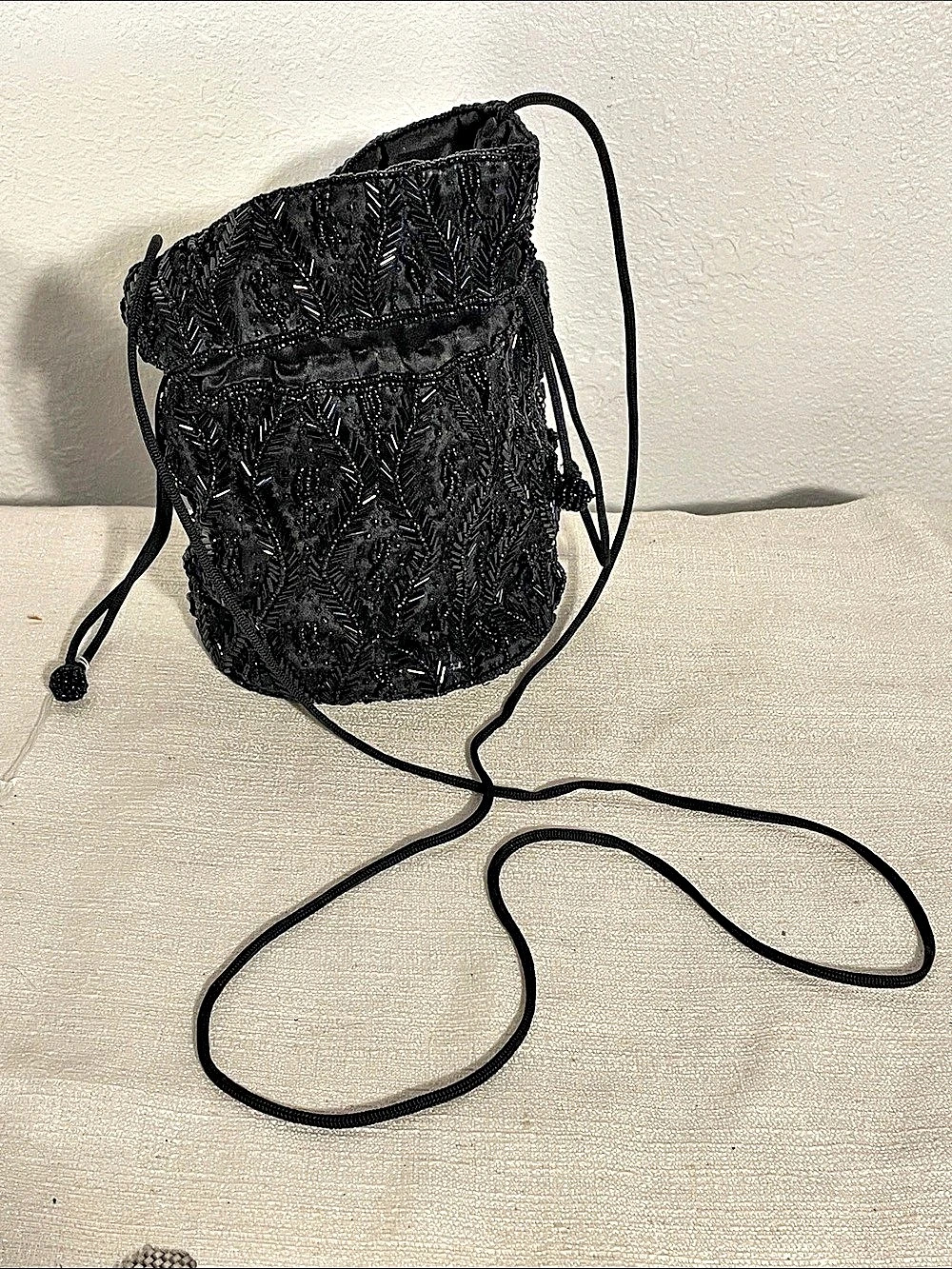 Beaded Drawstring Mini Bag in Black & Gray